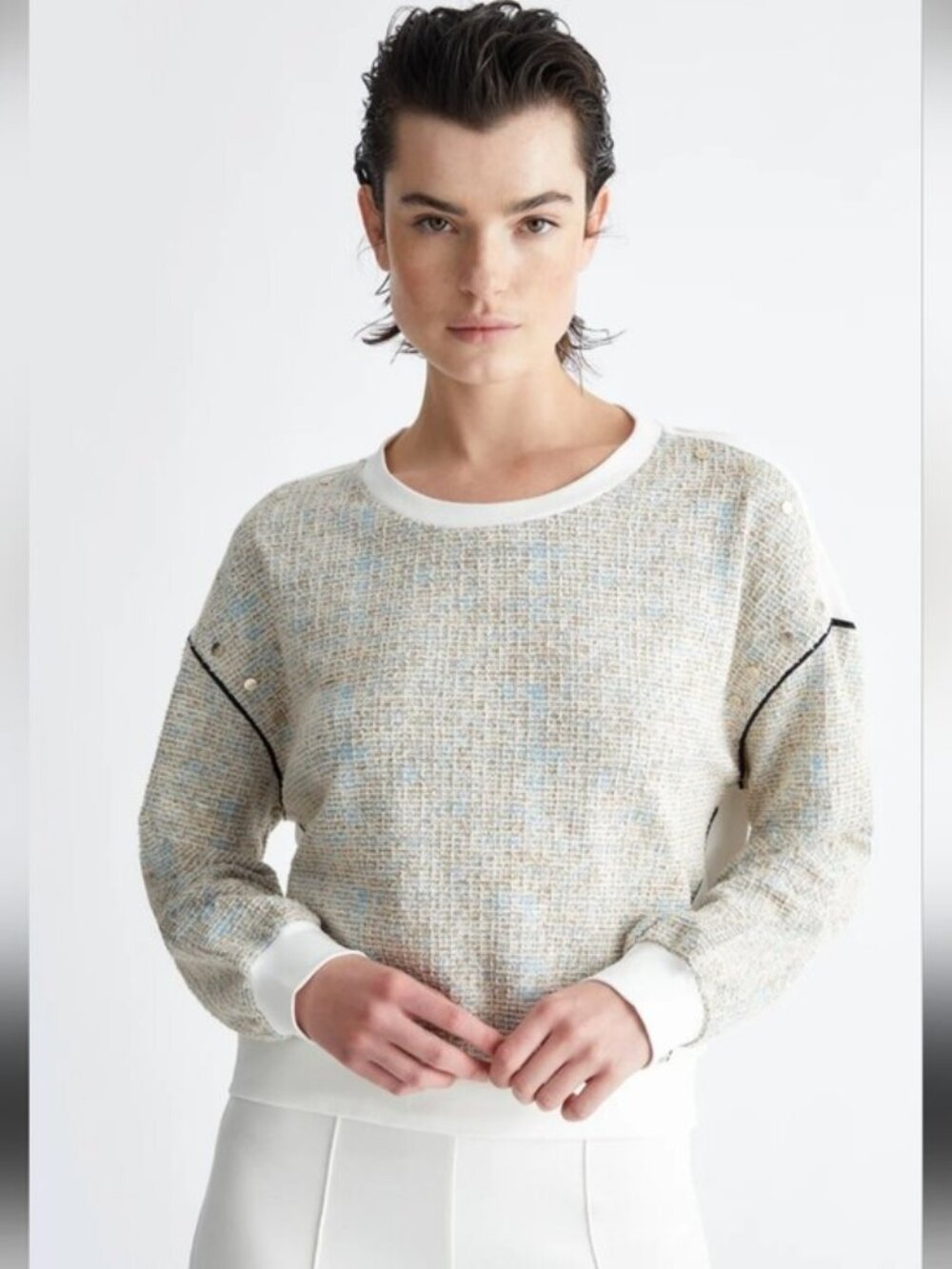 Liu Jo Cream Over Sized Sweater with Light Blue Tweed Texture XS